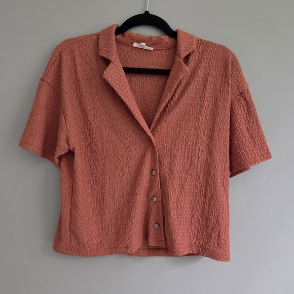 Madewell Women's Crinkle-Knit Button-Front Collared Top In Burnt Orange Size S - Picture 1 of 5